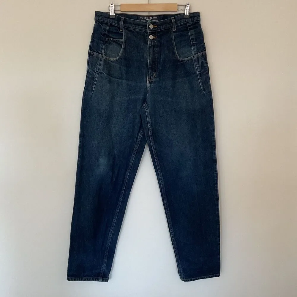 VTG Guess USA Pascal 075 Jeans Blue Dark Wash Loose Fit Tapered Leg Mens 34x34